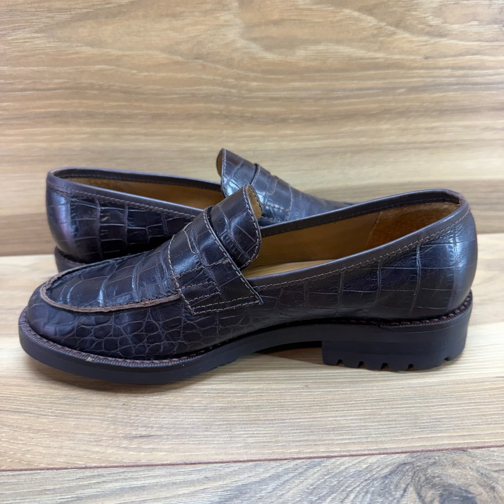 Ralph Lauren Vintage Penny Loafers Croc Womens 5.5 B Dark Brown Leather Lug Sole - Picture 6 of 11